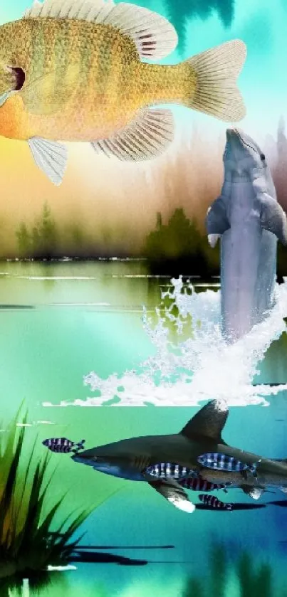 Colorful lake scene with fish and dolphins in watercolor art.