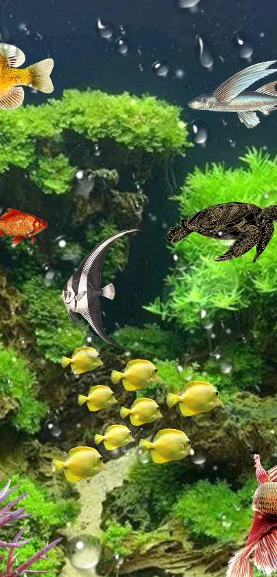 Colorful fish swim amid lush green aquatic plants.