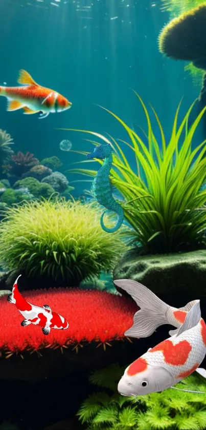 Vibrant aquatic life wallpaper with colorful fish and lush plants.