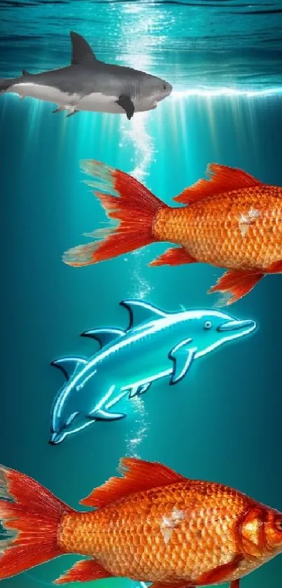 Vibrant underwater scene with goldfish, shark, and neon dolphin.