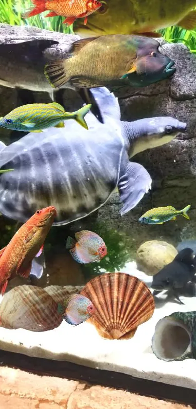 Colorful underwater scene with fish and turtle.