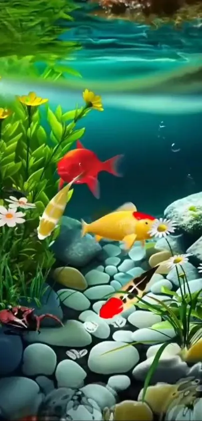 Colorful koi fish swimming in a vibrant aquatic landscape with lush plants and pebbles.