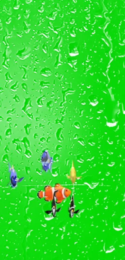 Vibrant green wallpaper with colorful fish and raindrop effect.