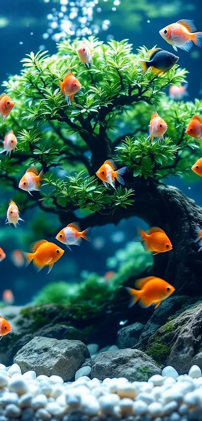 Mobile wallpaper of goldfish swimming around a lush green aquatic tree.