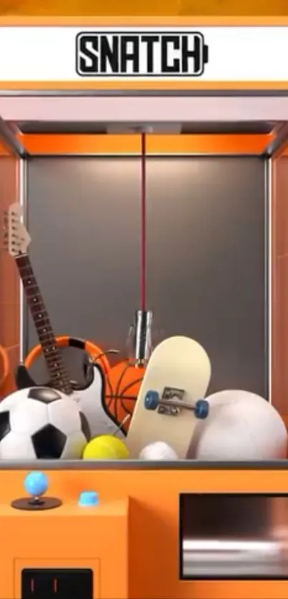 Arcade claw machine filled with sports and music items.