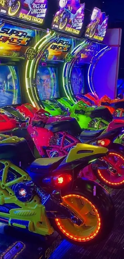 Neon-lit arcade motorbikes glowing vibrantly in a gaming room.