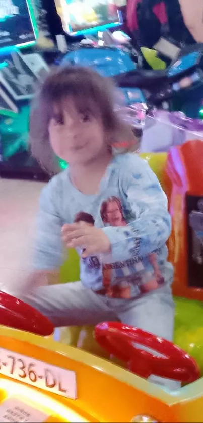 A child enjoying a colorful arcade ride with vibrant lights.