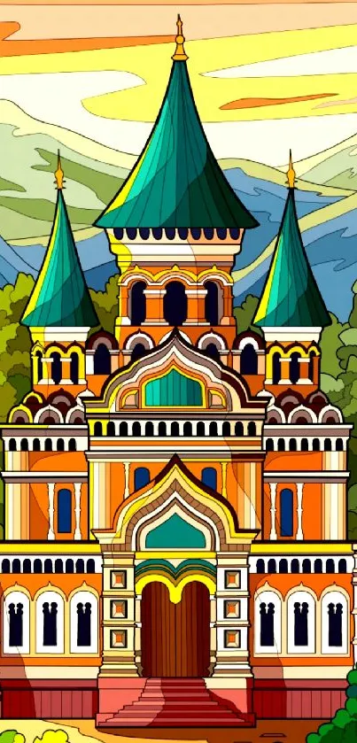 Vibrant art wallpaper of a colorful building with intricate towers and mountain backdrop.