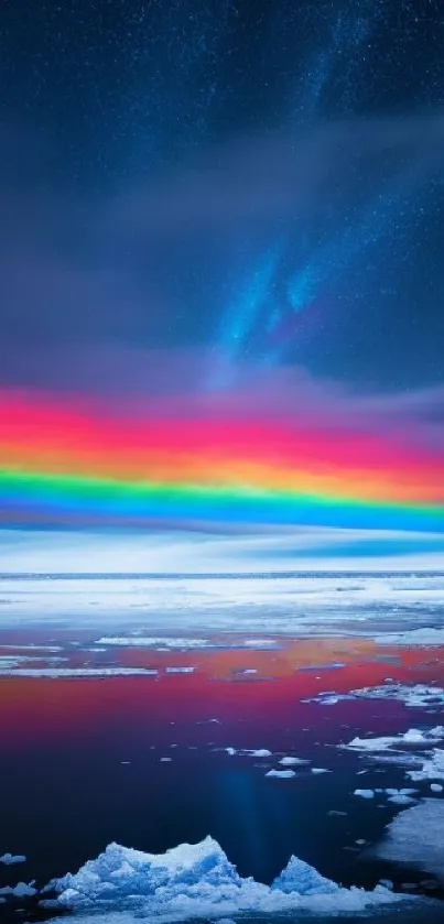 Vibrant aurora over ice reflecting in Arctic waters.