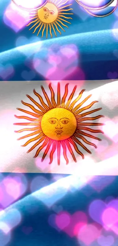 Argentinian flag with golden sun and colorful hearts on a blue background.