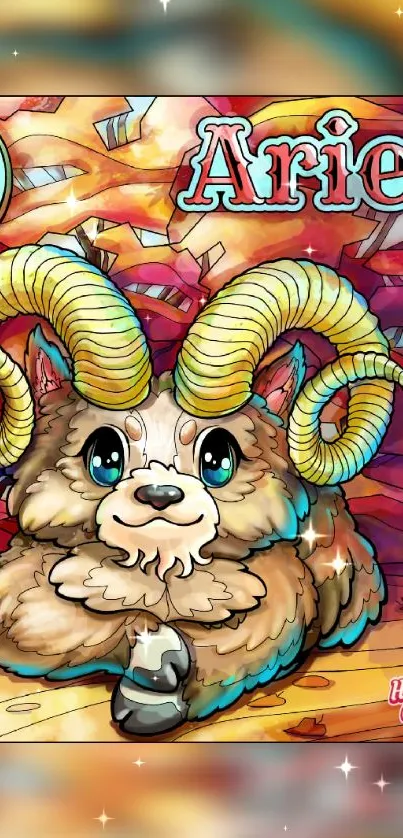 Cute Aries ram with vibrant colors in whimsical zodiac theme.