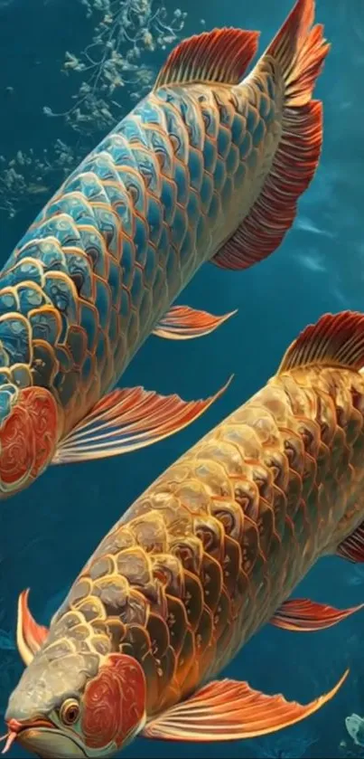 Two vibrant arowana fish swimming against a blue backdrop.