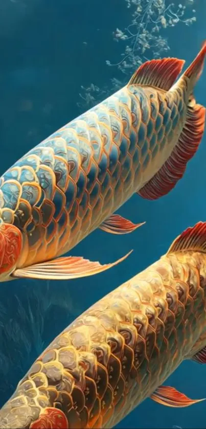 Vibrant arowana fish swimming in deep blue water.