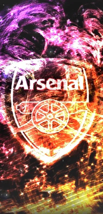 Vibrant Arsenal logo with colorful purple and orange swirls on a dark background.