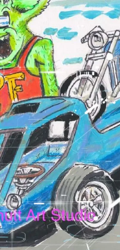 Vibrant cartoon car scene with characters and motorcycle.