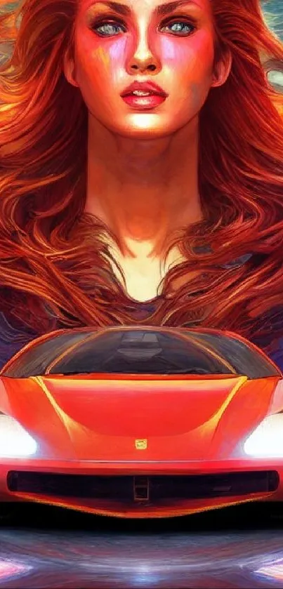 Vibrant illustration of a fiery-haired woman above a red sports car.