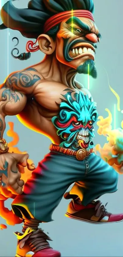 Vibrant cartoon character with tattoos and flames in dynamic artwork.