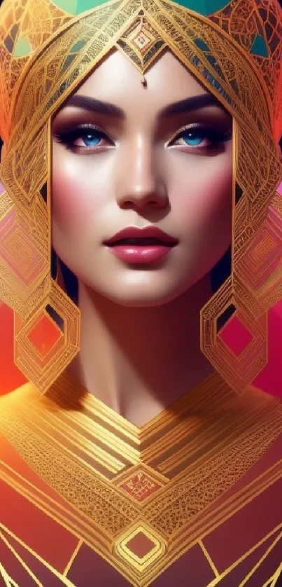 Art Deco portrait with golden geometric design and vibrant colors.