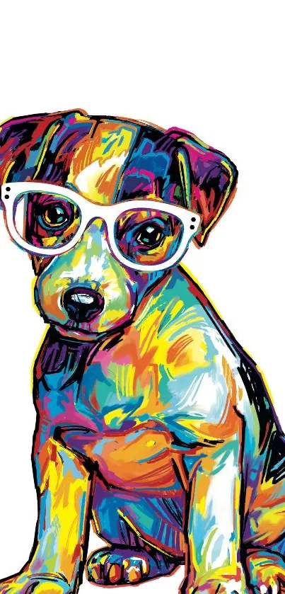 Vibrant dog illustration with colorful art style on white background.