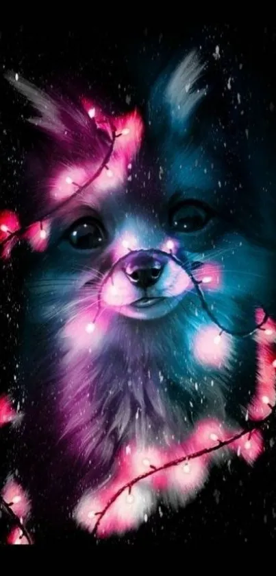 Neon-draped dog in vibrant colors against dark background.