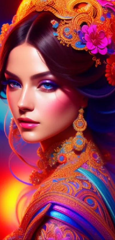 Vibrant fantasy portrait with rich colors and intricate design.