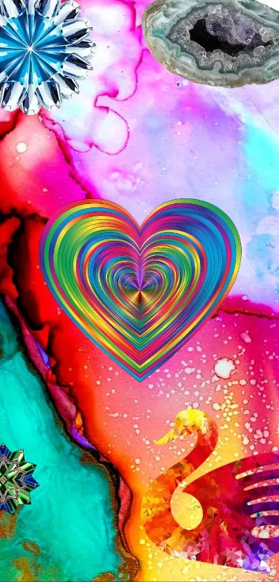 Colorful abstract heart with textures and vibrant shades on wallpaper.