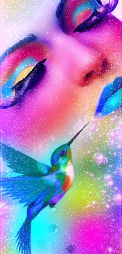 Vibrant mobile wallpaper with colorful face and hummingbird.