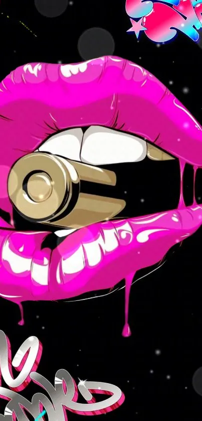 Pink lips holding bullet on black background.