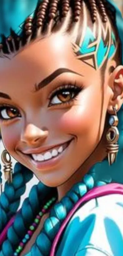 Smiling animated character with teal braids in vibrant art style.