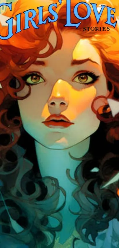 Illustration of a woman with red curls and expressive eyes.