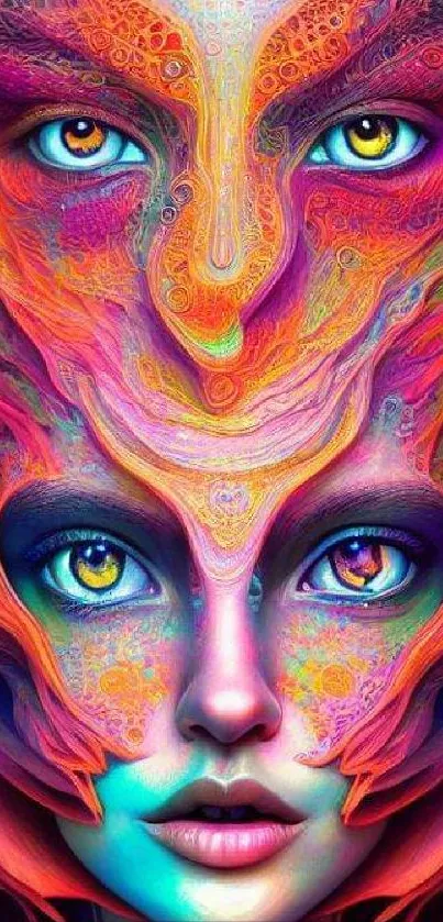 Colorful surreal art wallpaper with abstract faces and vibrant hues.