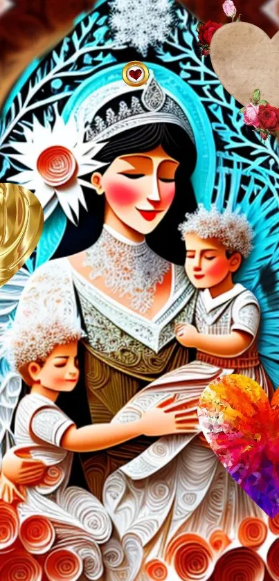 Artistic depiction of mother with children and colorful hearts.