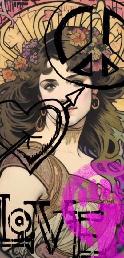 Art Nouveau style with graffiti elements featuring a floral woman.