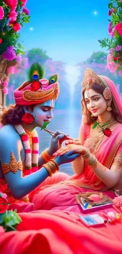 Vibrant artwork of a divine couple in a spiritual setting with bright colors.