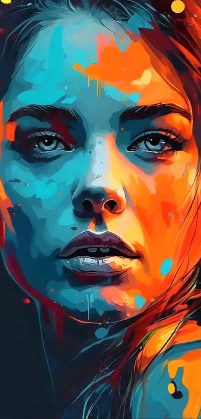 Vibrant abstract portrait with blue and orange hues on a phone wallpaper.