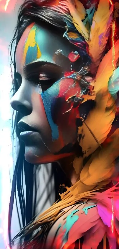 Vibrant abstract portrait with colorful feathers.