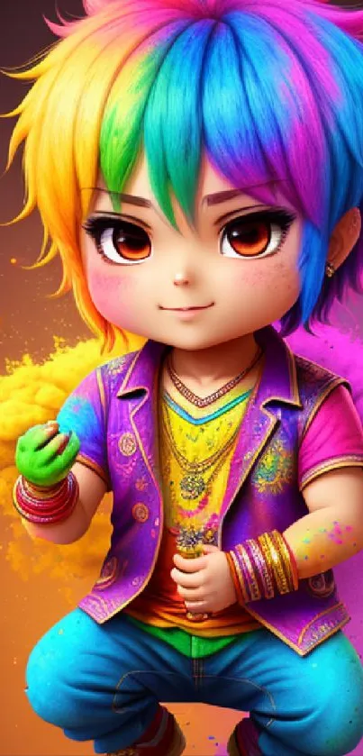 Vibrant rainbow-themed animated character on colorful background.