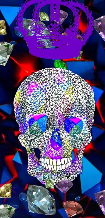 Vibrant geometric skull with gemstones and crown on a dark backdrop.