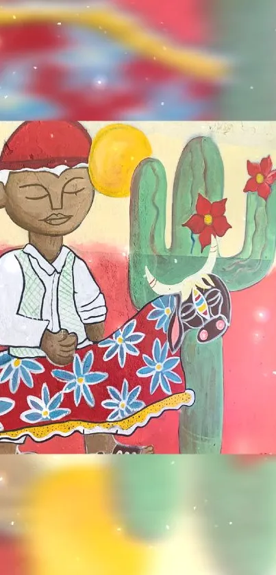 Vibrant mural with traditional themes, flowers, and cultural art.