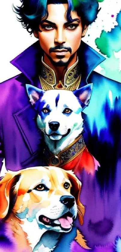 Artistic wallpaper of a man with two dogs in vibrant colors.