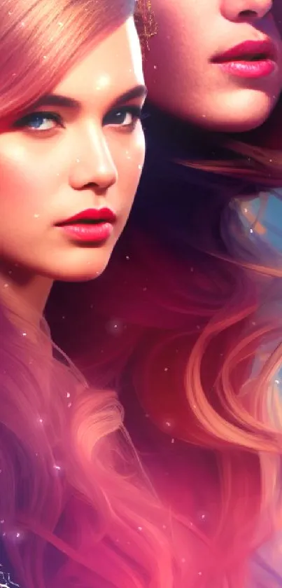 Vibrant mobile wallpaper with colorful flowing hair art.