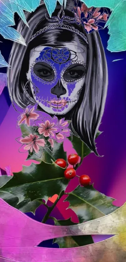 Artistic skull and floral mobile wallpaper with vivid colors.