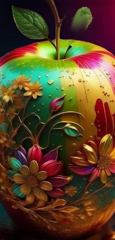 Vibrant artistic apple with floral details.