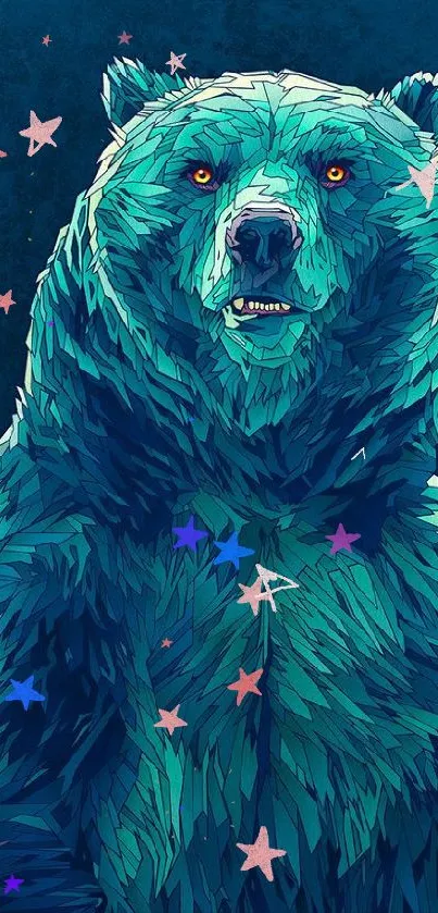 Artistic teal bear illustration on a textured blue background.