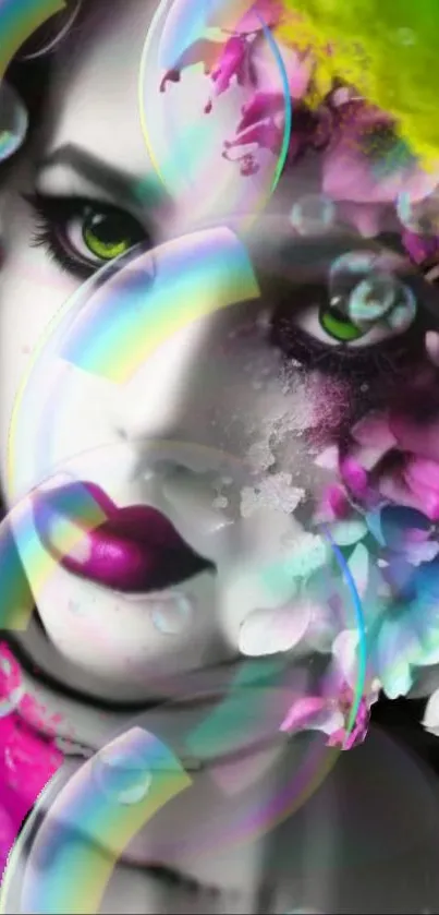 Mystical portrait with colorful bubbles and flowers.