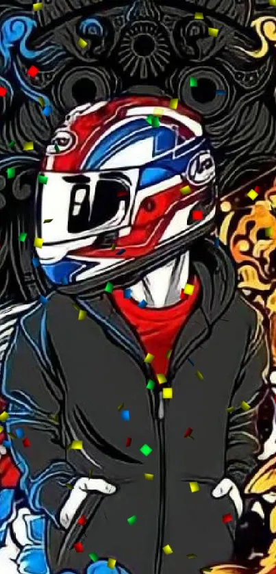 Biker in helmet with artistic vibrant design and colorful backdrop.