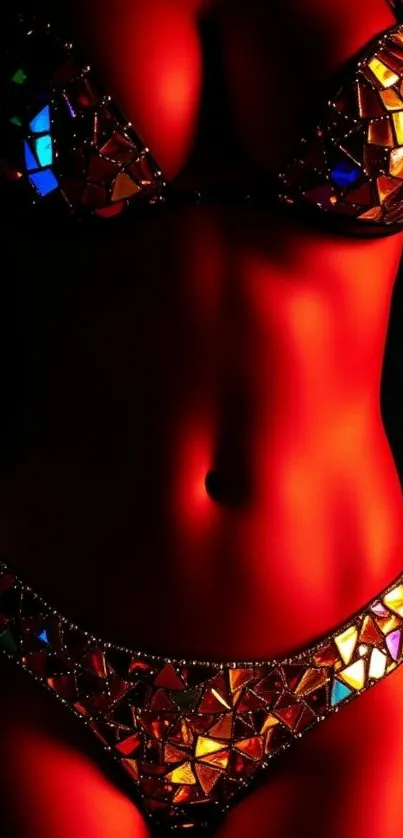 Colorful bikini design with jewel tones on a vibrant red background.