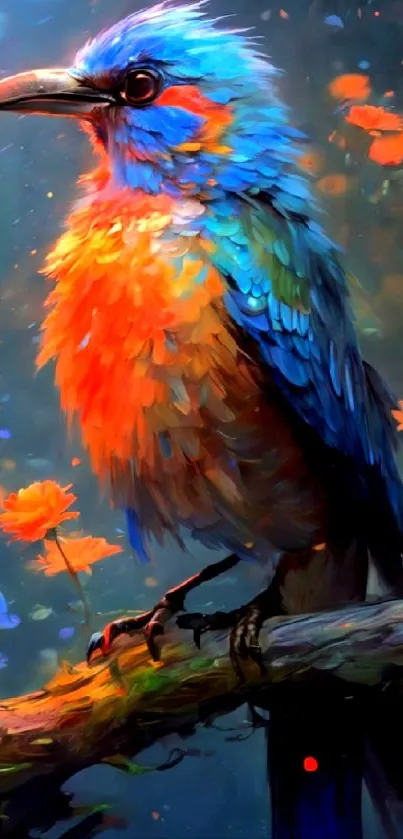 A colorful bird in an artistic setting with blue and orange hues and floral elements.