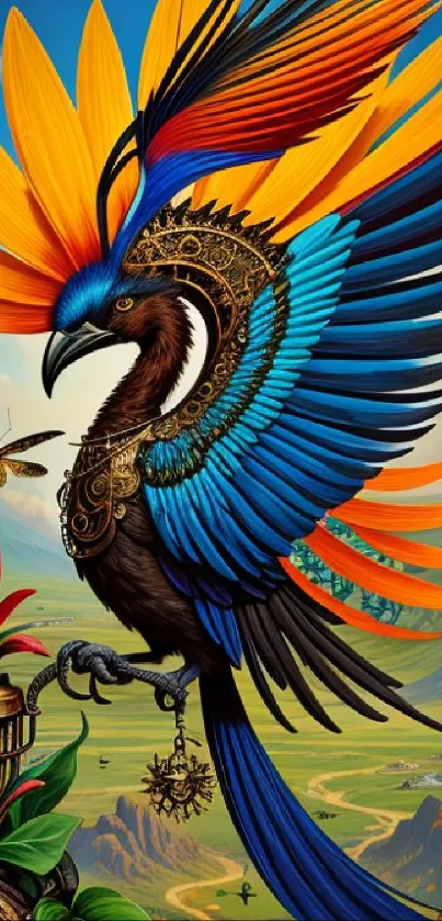 Fantastical bird with vibrant feathers in lush landscape wallpaper.