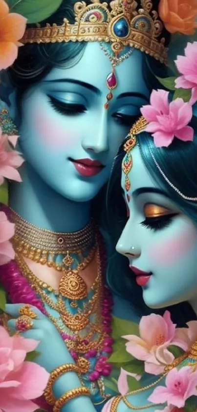 Artistic illustration of a blue-skinned couple with floral accents.